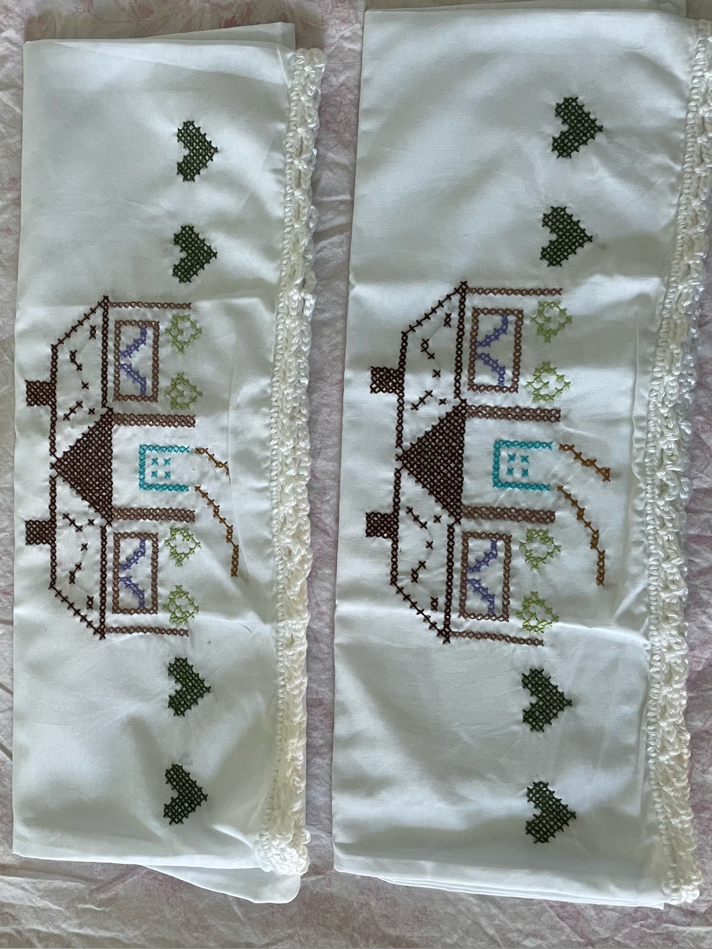 Grannycore Hand Cross-stitched House pillowcase set with crocheted trim